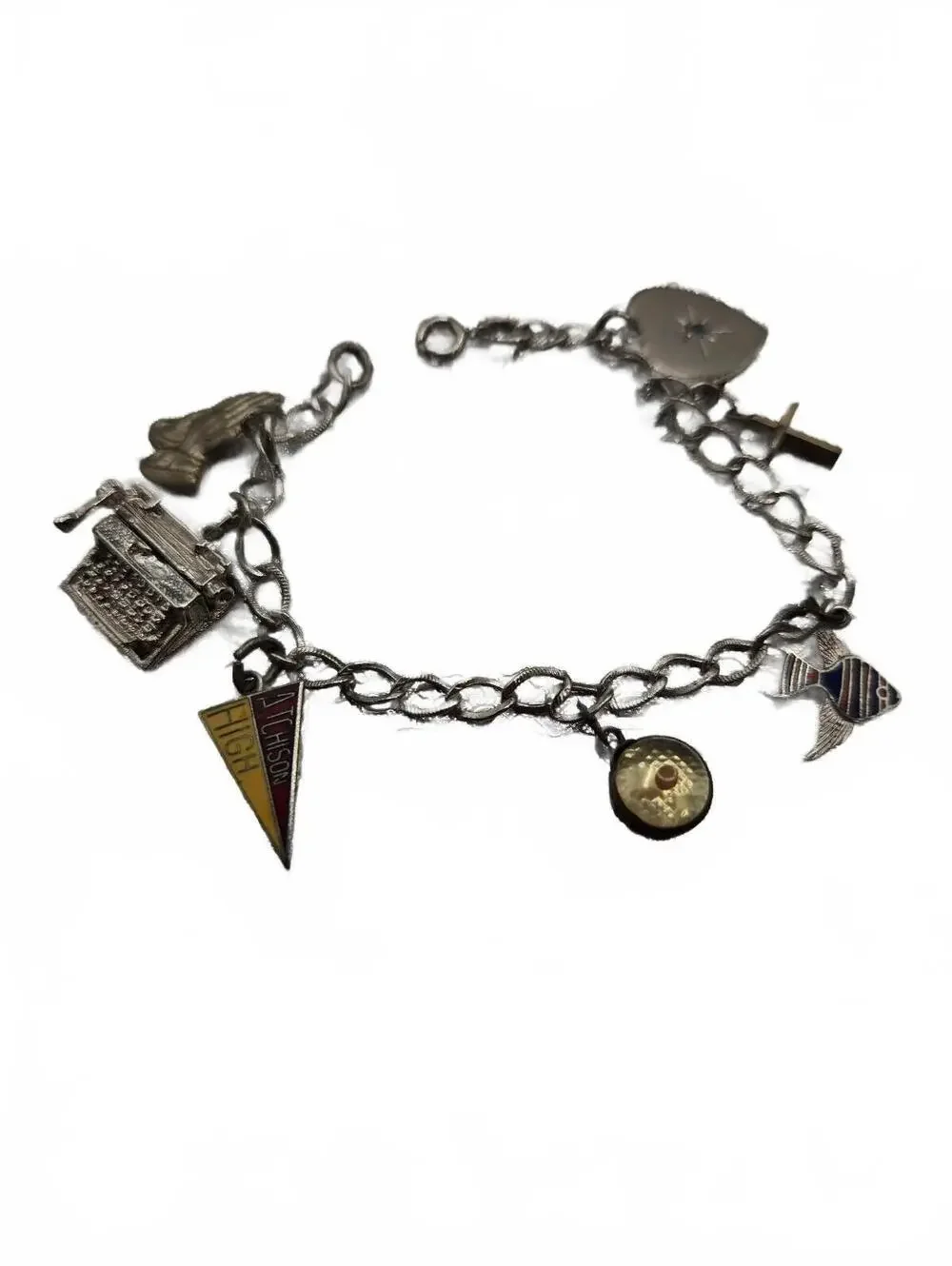 Vtg Sterling Silver Charm Bracelet with many Charms-enamel tropical fish